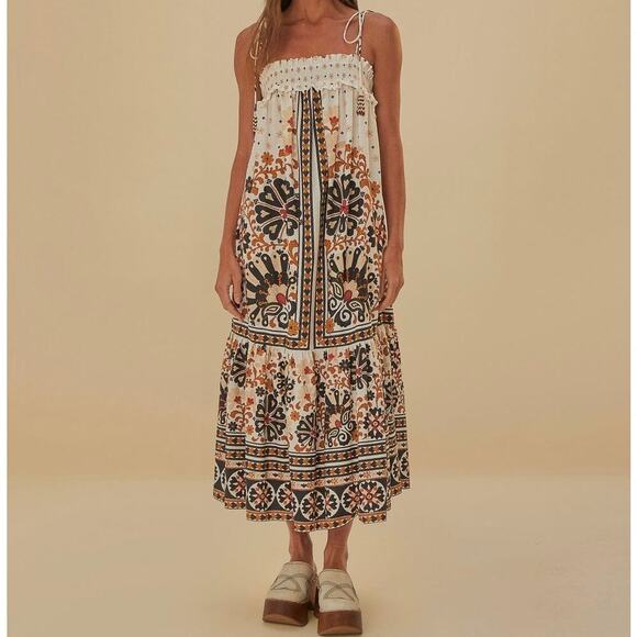 Farm RioFlower Fan Tapestry Off-White Midi Dress
